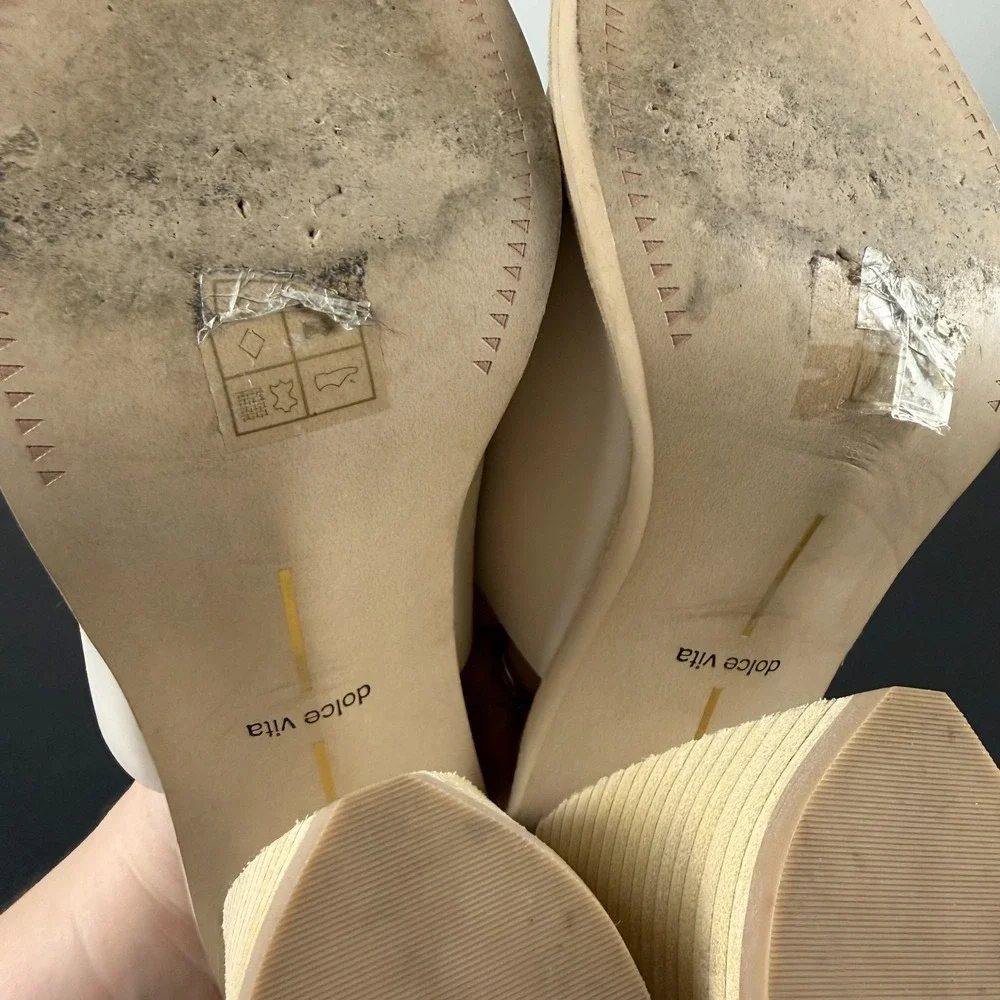 Dolce Vita Sandals Womens 8 White Cream Leather Chunky Wood Heels Slip On Dressy
